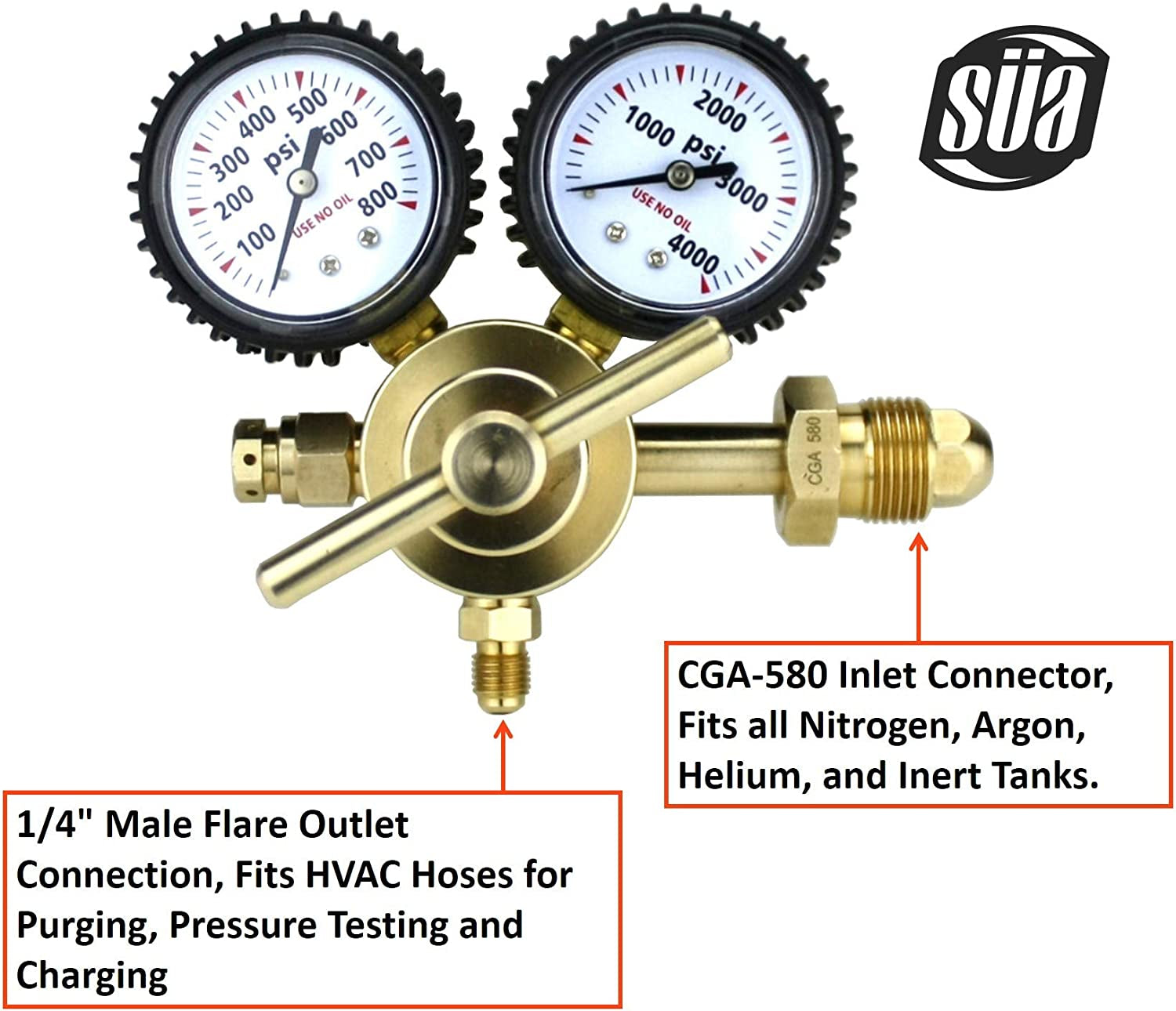 Nitrogen Gas Regulator 0-600 PSIG - HVAC Purging - Pressure Charge - 1/4" Flare Connector - LIFETIME WARRANTY